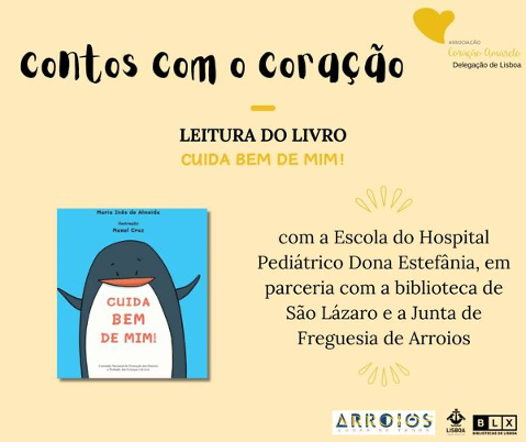 Poster do contos com o coração mostra a capa de um livro com um penguim